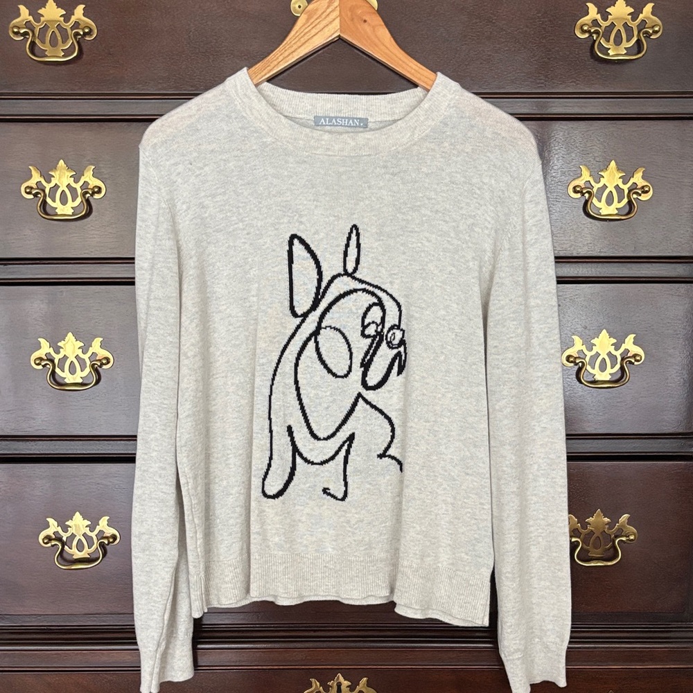 Alashan Beige Sweater with French Bulldog Design.